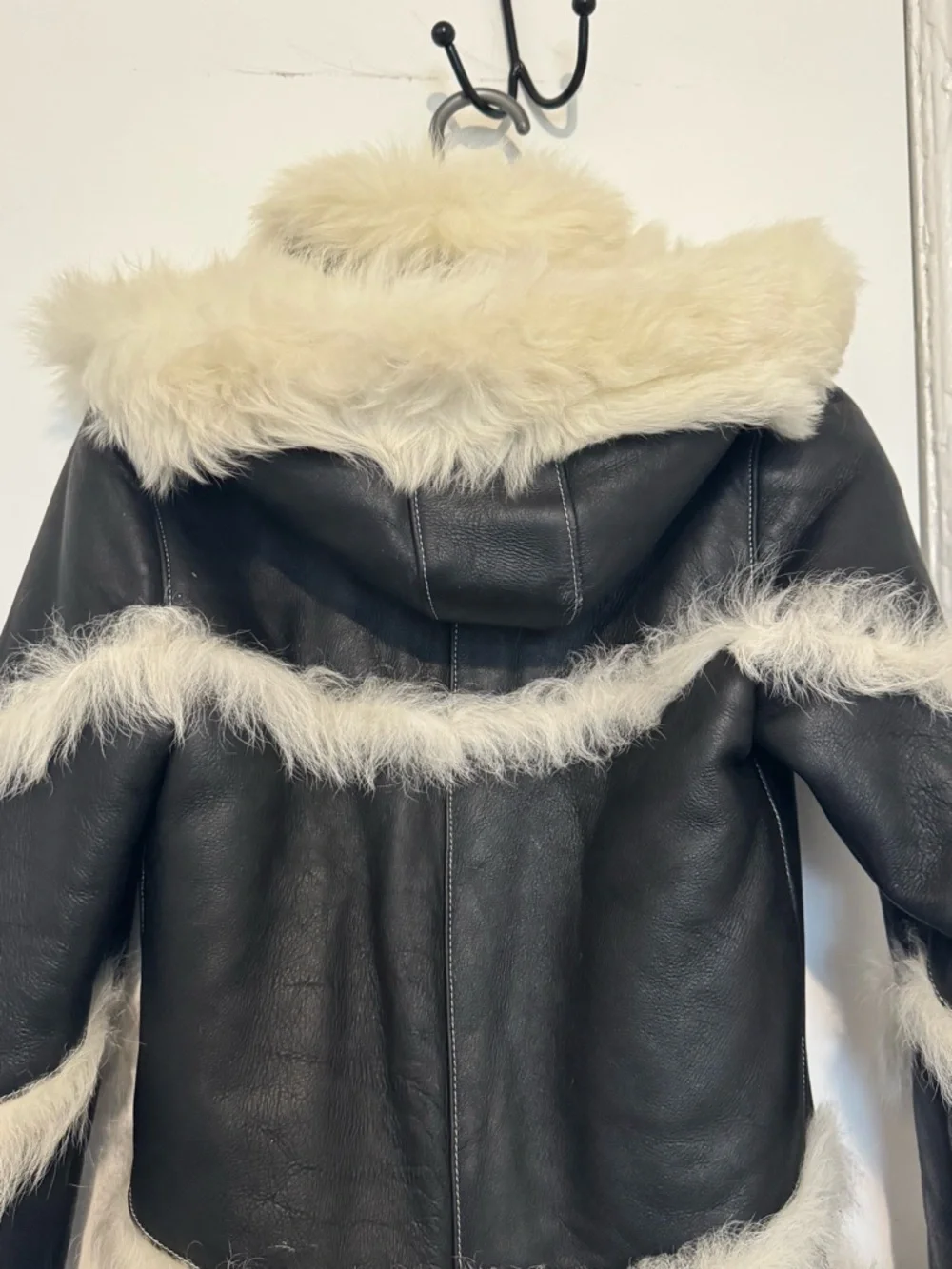 Kids Black Shearling Hooded Leather Coat Real Sheepskin